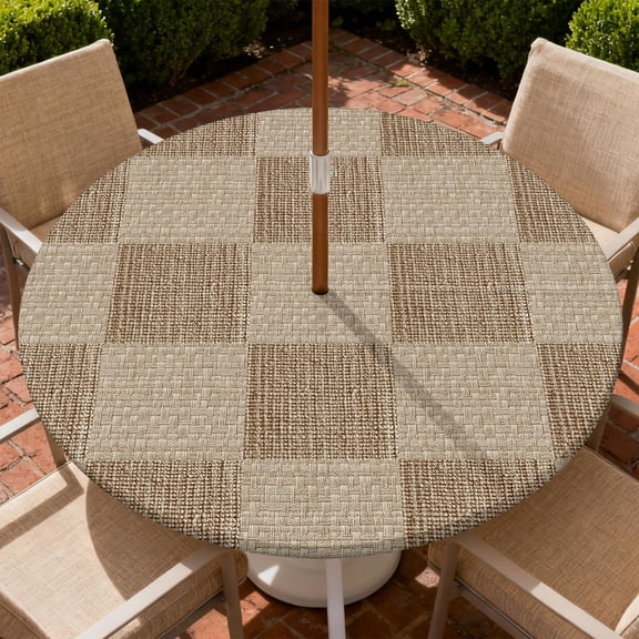 Round Outdoor Tablecloth with Zipper and Umbrella Hole, Fitted Table Cloth with Elastic, Oil Waterproof Tablecover for Patio Picnic Camping Garden Fits 36"-65" Round Table