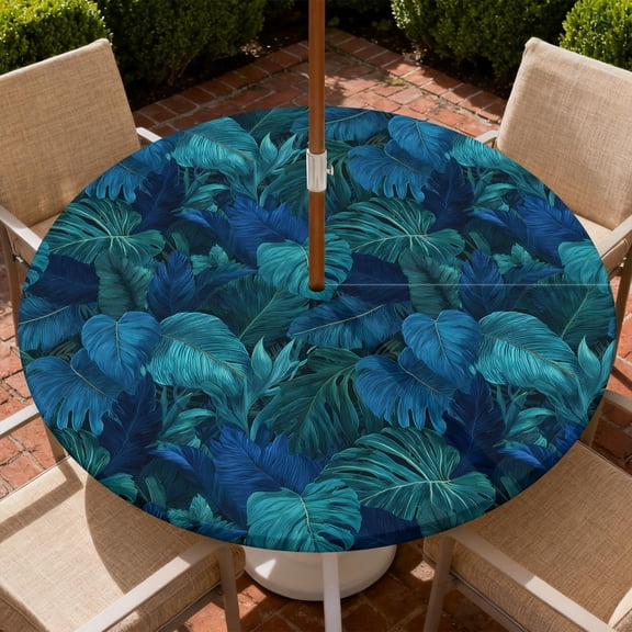 Round Outdoor Tablecloth with Zipper and Umbrella Hole, Fitted Table Cloth with Elastic, Oil Waterproof Tablecover for Patio Picnic Camping Garden Fits 37"-44" Round Table, Palm Tree