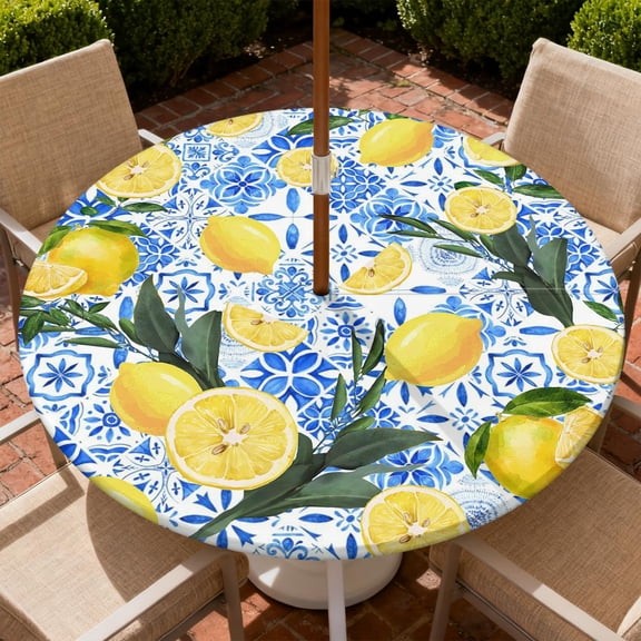Round Outdoor Tablecloth with Zipper and Umbrella Hole, Fitted Table Cloth with Elastic, Oil Waterproof Tablecover for Patio Picnic Camping Garden Fits 45"-48" Round Table, Lemon