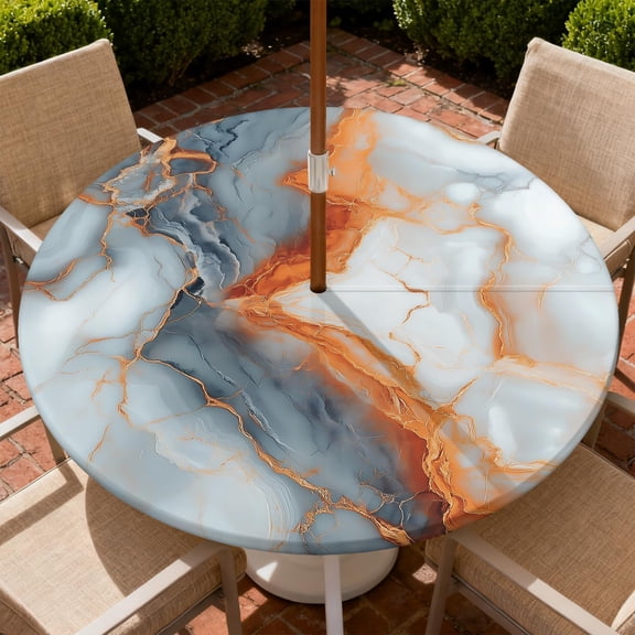 Round Outdoor Tablecloth with Zipper and Umbrella Hole, Fitted Table Cloth with Elastic, Oil Waterproof Tablecover for Patio Picnic Camping Garden Fits 45"-48" Round Table, Orange Gray Marble