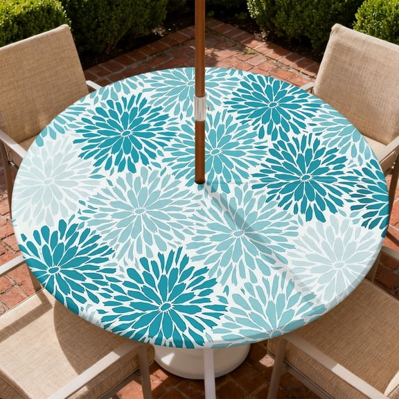 Round Outdoor Tablecloth with Zipper and Umbrella Hole, Fitted Table Cloth with Elastic, Oil Waterproof Tablecover for Patio Picnic Camping Garden Fits 49"-52" Round Table, Green Fireworks