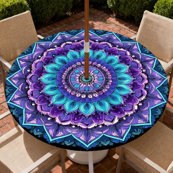 Round Outdoor Tablecloth with Zipper and Umbrella Hole, Fitted Table Cloth with Elastic, Oil Waterproof Tablecover for Patio Picnic Camping Garden Fits 49"-52" Round Table, Purple Mandala