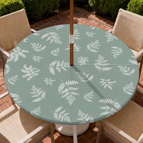 Round Outdoor Tablecloth with Zipper and Umbrella Hole, Fitted Table Cloth with Elastic, Oil Waterproof Tablecover for Patio Picnic Camping Garden Fits 49"-52" Round Table, Leaf