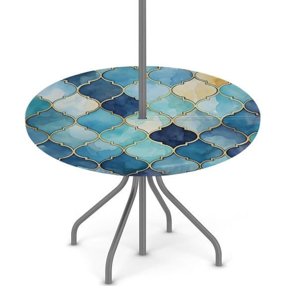 Round Outdoor Tablecloth with Umbrella Hole, Elastic Fitted Table Cloth with Invisible Zipper, Moroccan Pattern Patio Table Cover 36-44in