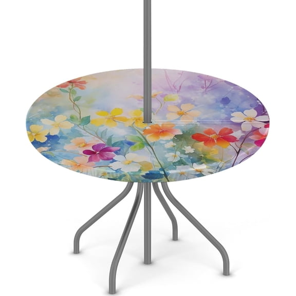 Round Outdoor Tablecloth with Umbrella Hole, Elastic Fitted Table Cloth with Invisible Zipper,Watercolor Flower Patio Table Cover 36-44in