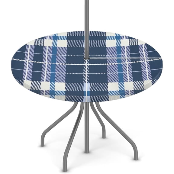 Round Outdoor Tablecloth with Umbrella Hole Zipper Blue Grid Elastic Table Cover for Patio Picnic Party, Fit for 36"-44" Round Tables