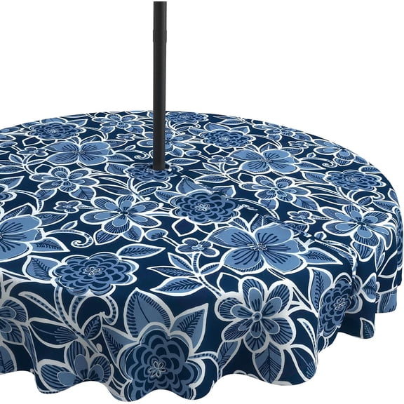 Round Outdoor Tablecloth with Zipper Umbrella Hole, Water-Repellent 60 Inch Patio Table Cover for Bistro, Garden, Patio & Picnic, Flower Navy
