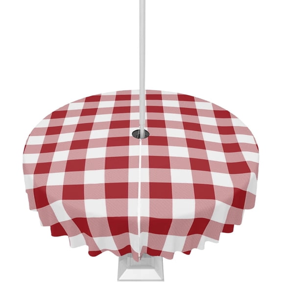 Round Outdoor Waterproof Tablecloth Rustic Farm Red and White Plaid Check Zippered Table Cover with Umbrella Hole,Farmhouse Table Cloths for Spring Summer Camping Patio Picnic,60in