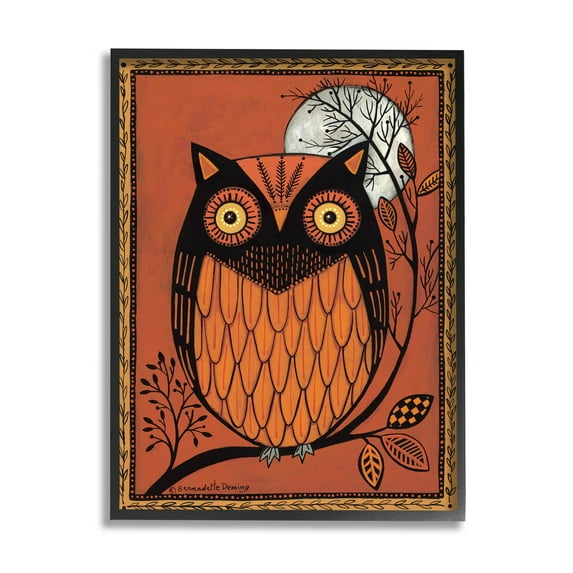 Round Owl Autumn Botanical Border Holiday Graphic Art Black Framed Art Print Wall Art