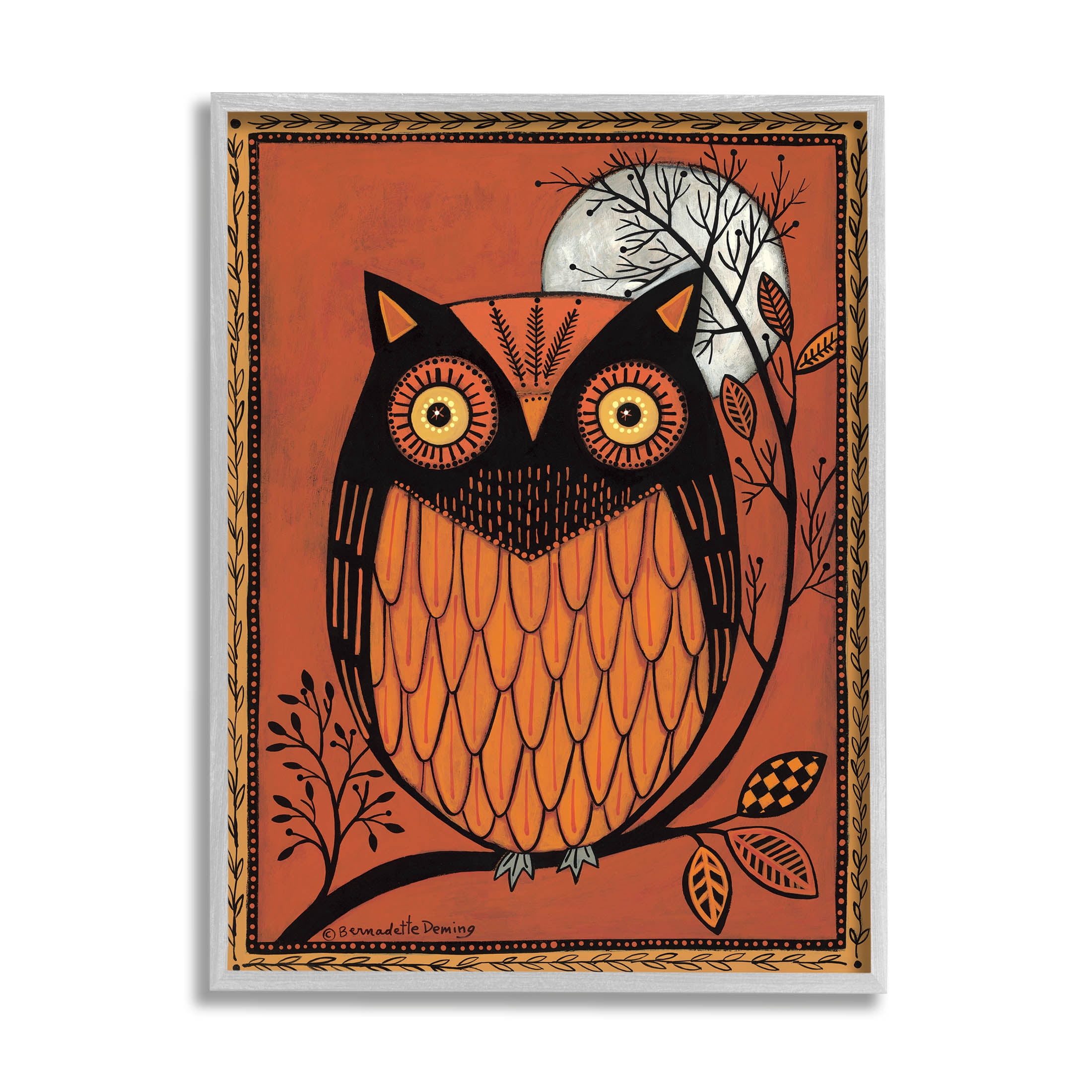Round Owl Autumn Botanical Border Holiday Graphic Art Gray Framed Art Print Wall Art