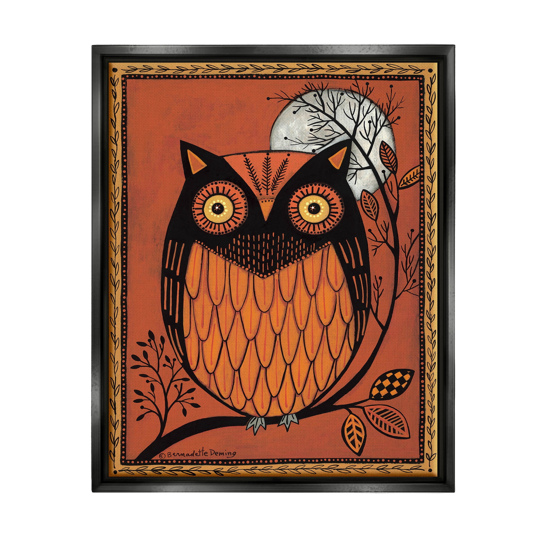 Round Owl Autumn Botanical Border Holiday Graphic Art Jet Black Framed Art Print Wall Art