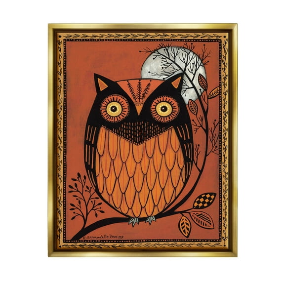 Round Owl Autumn Botanical Border Holiday Graphic Art Metallic Gold Framed Art Print Wall Art