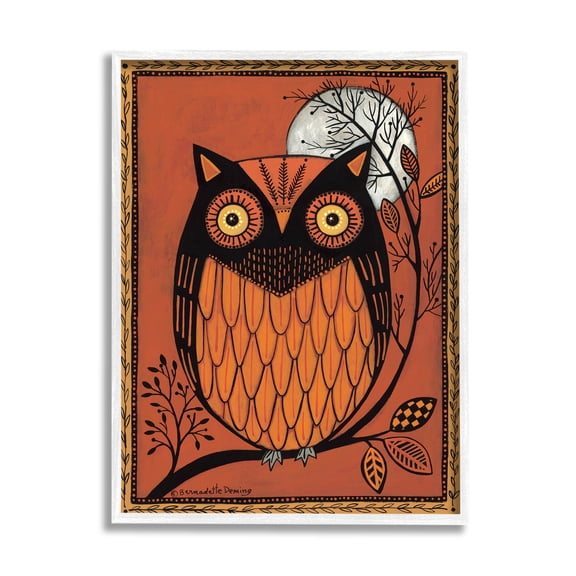 Round Owl Autumn Botanical Border Holiday Graphic Art White Framed Art Print Wall Art