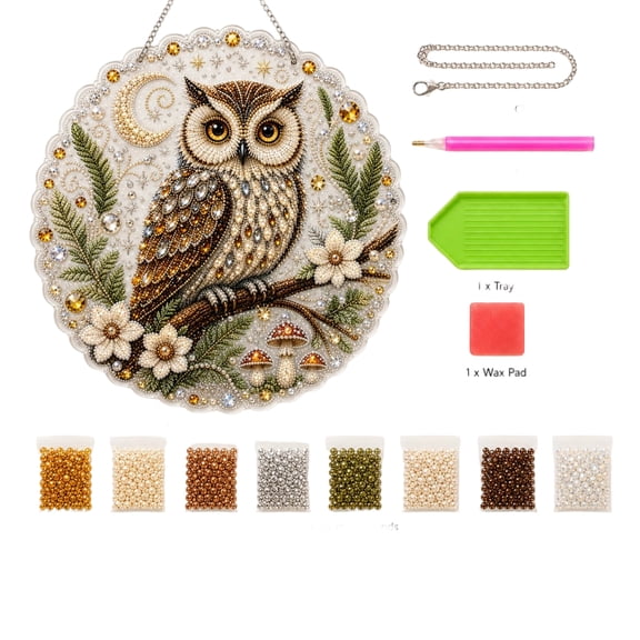 Round Owl Pearl Painting Kit, 3D Pearl Art Hanging Ornament with Chain, Complete Craft Set for Adults and Beginners