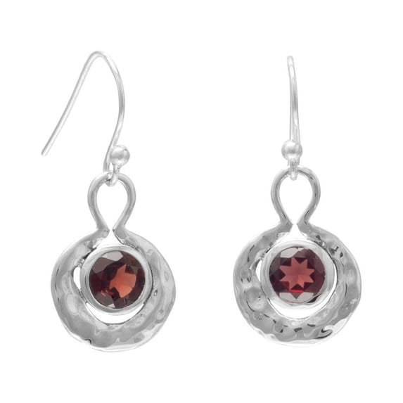 Round Oxidized Sterling Silver Hammered Earrings With Garnet