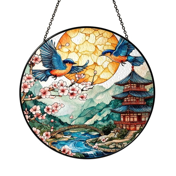 Round Pagoda Blue Bird Cherry Blossom Scene Stained Glass Style Suncatcher, Peaceful Zen Window Hanging Decor