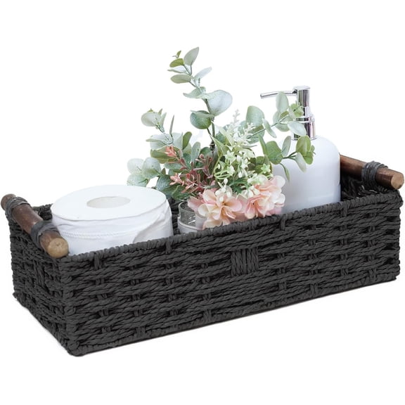 Round Paper Rope Storage Basket Wicker Baskets for Organizing with Handle Decorative Storage Bins for Countertop Toilet Paper Basket for Toilet Tank Top Small Baskets Set,Black