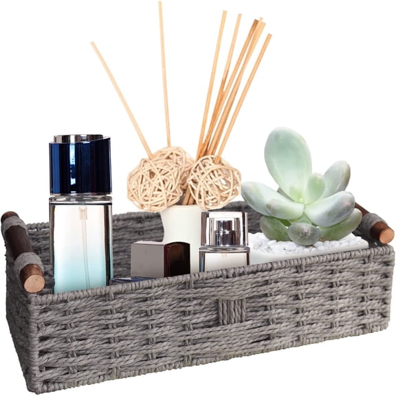 Round Paper Rope Storage Basket Wicker Baskets for Organizing with Handle Decorative Storage Bins for Countertop Toilet Paper Basket for Toilet Tank Top Small Baskets Set,Grey
