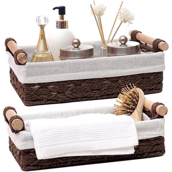 Round Paper Rope Storage Basket, Wicker Baskets for Organizing with Wooden Handles, Decorative Basket for Countertop, Bathroom Toilet Tank Basket, Small Baskets Set (Set of 2,Brown)