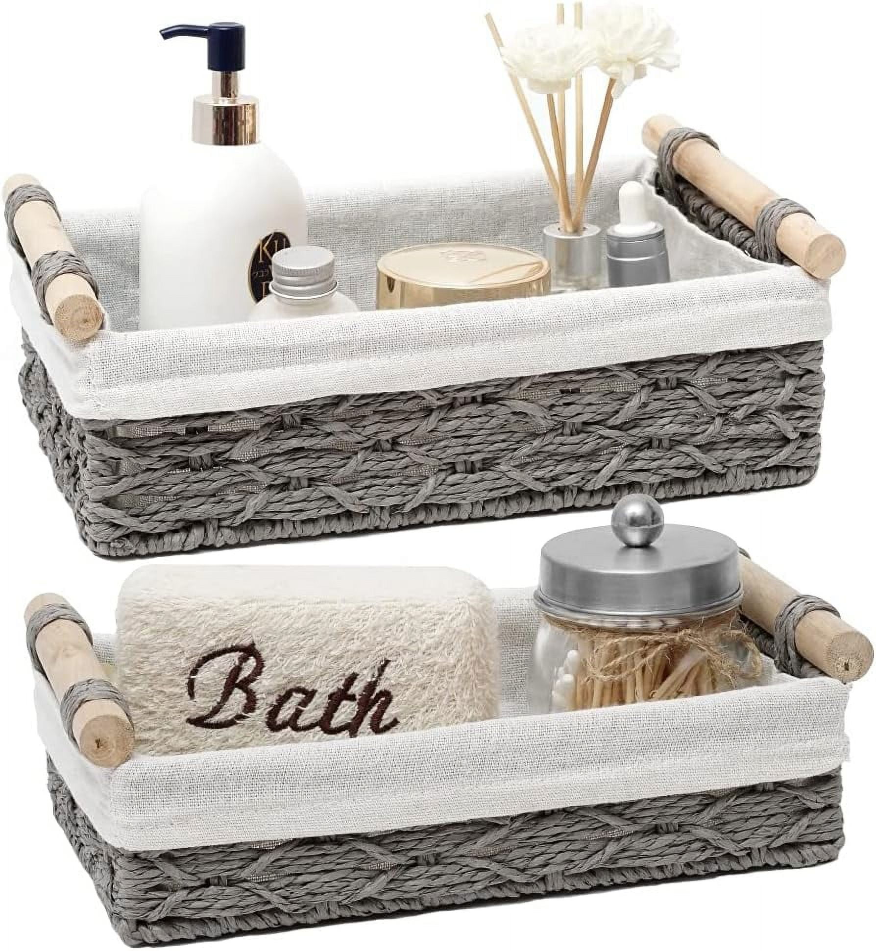 Round Paper Rope Storage Basket, Wicker Baskets for Organizing with Wooden Handles, Decorative Basket for Countertop, Bathroom Toilet Tank Basket, Small Baskets Set (Set of 2,Gray)