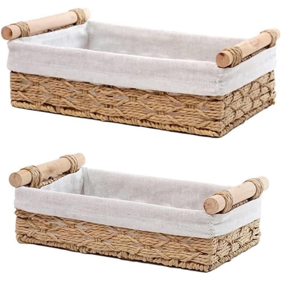 Round Paper Rope Storage Basket, Wicker Baskets for Organizing with Handle, Decorative Bins for Countertop,Small Baskets Set (Set of 2,Beige)