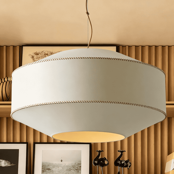 Round Parchment Paper Pendant Light with Antique Brass Finish and Paper Cord Stitching, Softly Diffused Shade for Dining Room, Living Room, Bedroom, Entryway, Foyer