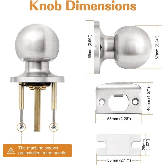 Round Passage Door Knobs Handles for Hall/Closet Brushed Nickel Interior Keyless Door Knobs, 6 Pack