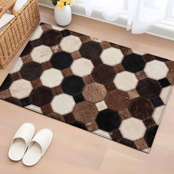 Round Patchwork Entryway Rug 2'x3' Western Ethnic Abstract Black Brown White Fur Style Small Area Rug Non-Slip Front Door Mat Washable Floor Carpet for Indoor Entrance Kitchen Bathroom