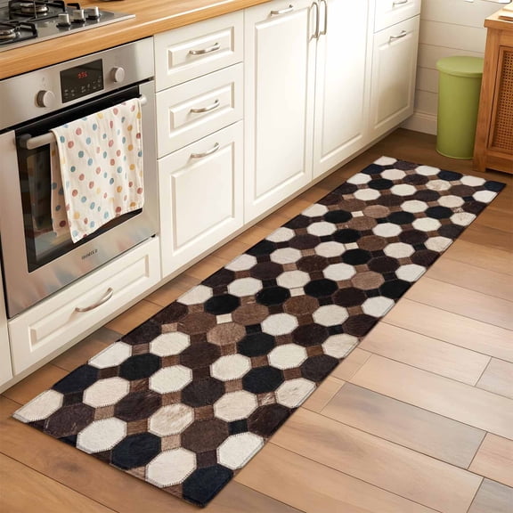 Round Patchwork Hallway Washable Runner Rug 2x6 Western Ethnic Abstract Black Brown White Fur Style Kitchen Runner Mat with Non Slip Backing Low Pile Thin Floor Carpet for Indoor Bedroom Living Room