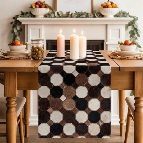 Round Patchwork Table Runner, Western Ethnic Abstract Black Brown White Fur Style Washable Cotton-linen Table Runners Dining Kitchen Decoration for Everyday Home Wedding Party Decor, 13 x 48 Inch