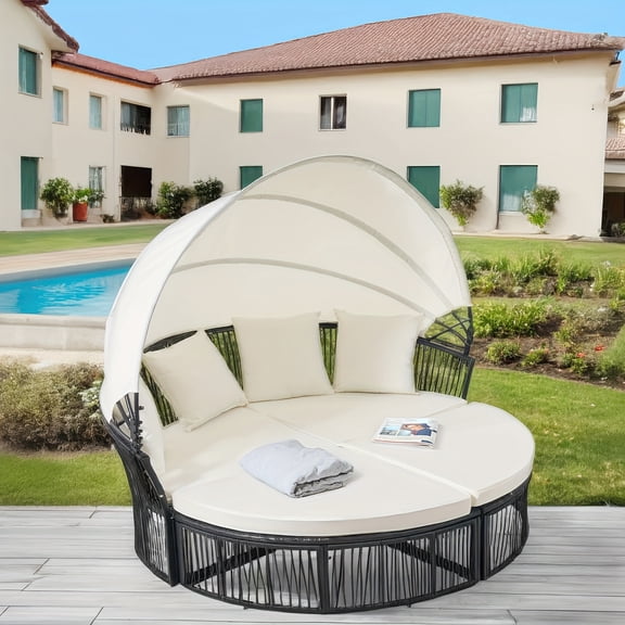 Round Patio Daybed with Retractable Canopy, Water-Resistant Wicker Sectional Sofa Set with Cushioned Seats and Adjustable Shade for Poolside, Backyard, Garden, and Porch