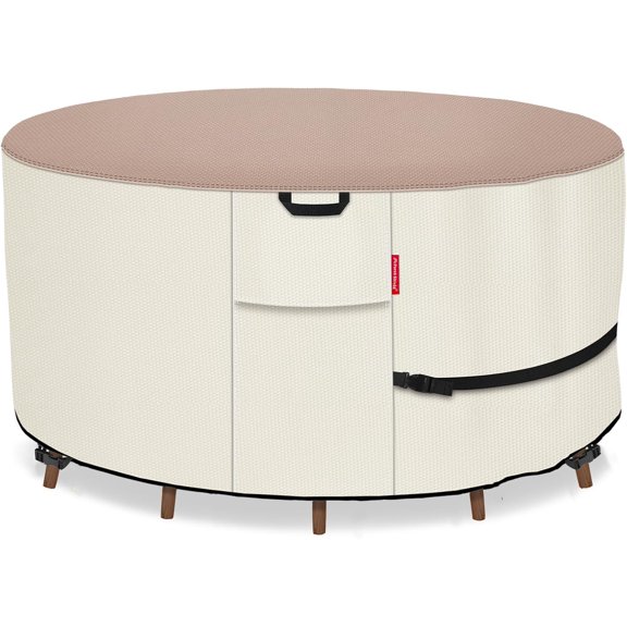 Round Patio Furniture Cover - Waterproof 600D Heavy Duty Outdoor Table and Chairs Cover 62 inch, Light Tan & Khaki