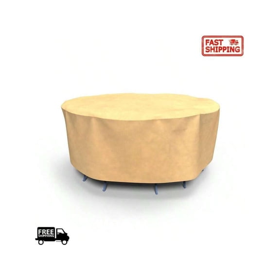 Round Patio Table And Chairs Cover Small Beige All-Seasons Waterproof Outdoor Dining Set 76" Diameter 30" Drop UV Resistant Windproof Elastic Loop System