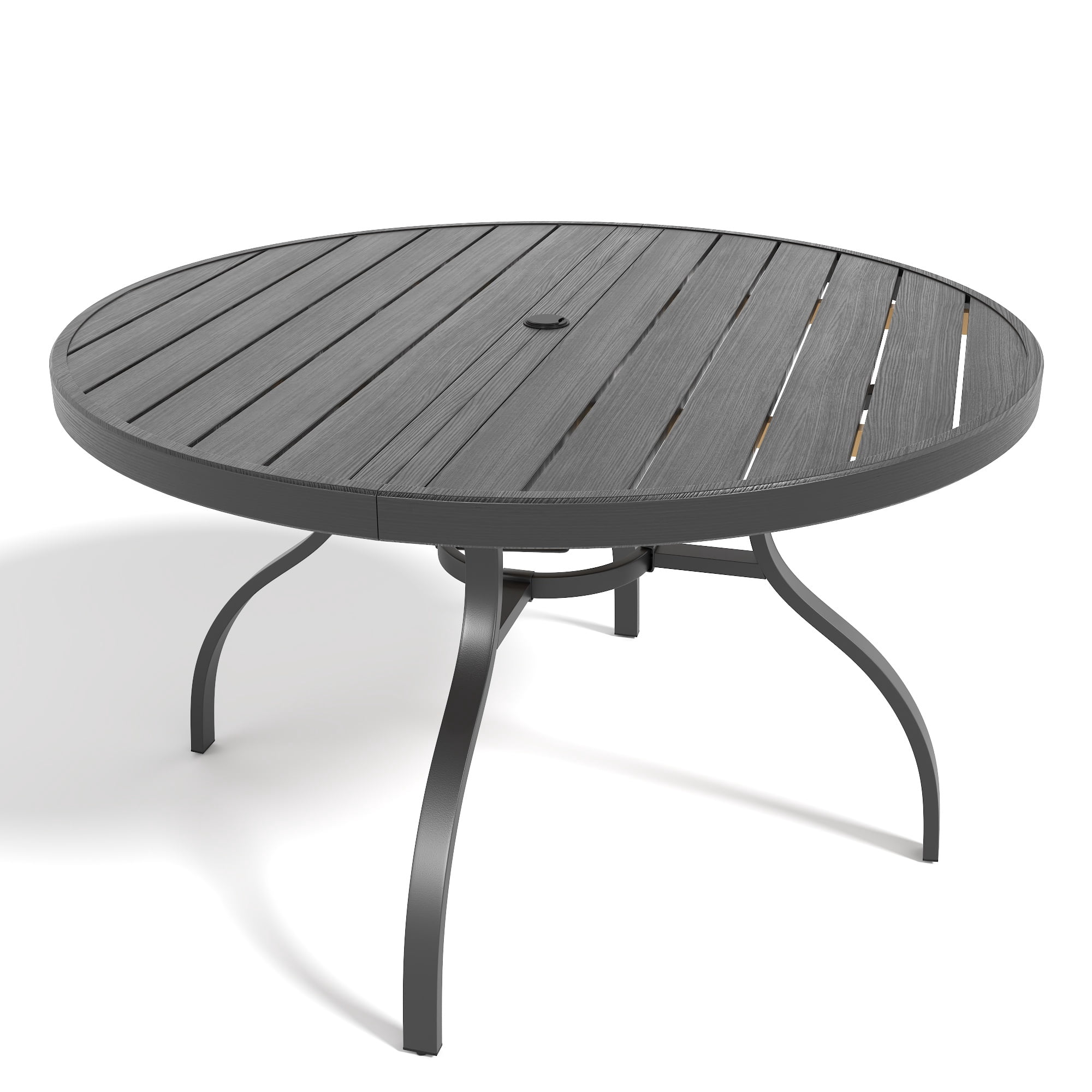 Round Patio Table with Umbrella Hole, 47-Inch Faux Wood Slat Top Outdoor Dining Table, Rust-Resistant Metal Legs for Garden and Deck, Black