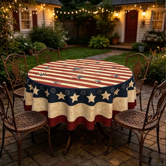 Round Patriotic Flag Tablecloth for 4th of July Decorations, Wrinkle Free Rural Style Table Cover for Kitchen Dining Room, Memorial Day Picnic Party Decoration, Water Resistant Fabric