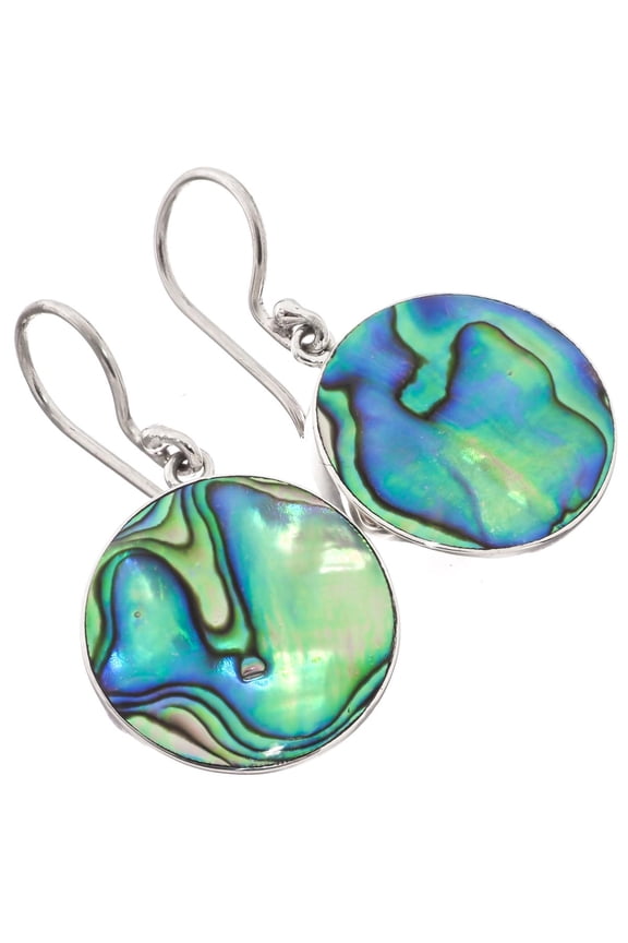 Round Paua Abalone Shell 925 Sterling Silver  Dangle DropEarrings, 13/16"