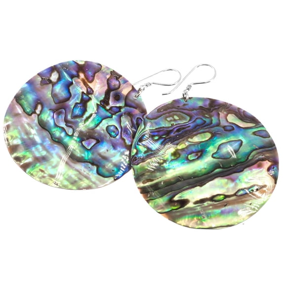 Round Paua Abalone Shell Disc 925 Sterling Silver Earrings, 2"