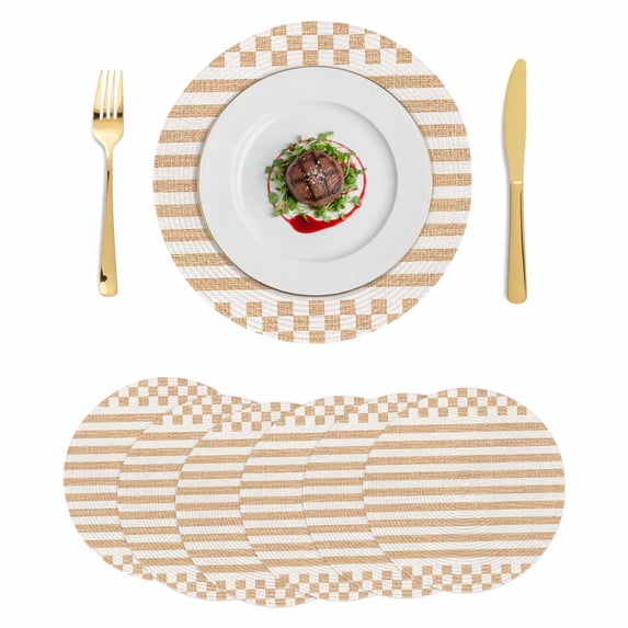 Round Peach Stripes Placemats Set of 6, 15 Inch PP Woven Place Mats ...