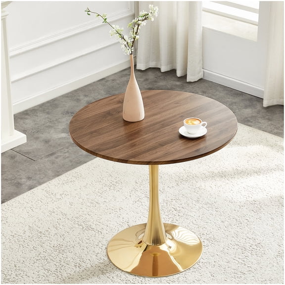 Round Pedestal Dining Table 31.5 Inch, Mid Century Modern Style Bistro Table with Metal Base for Kitchen, Living Room, Cafe (Faux Walnut/Gold)