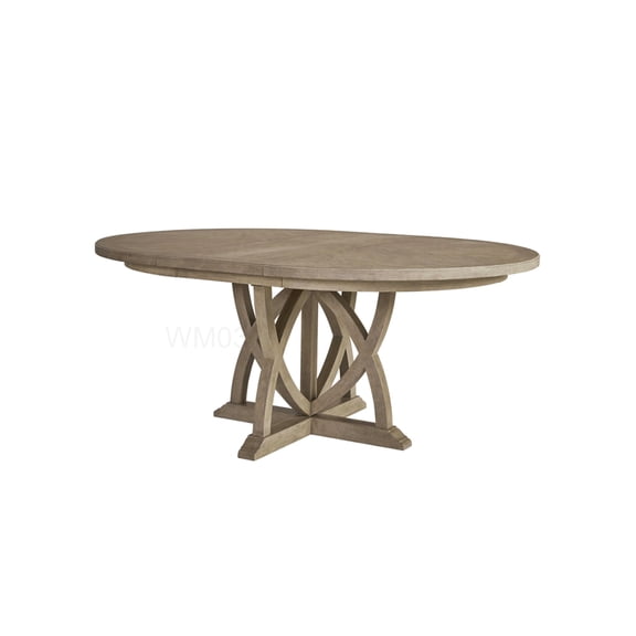 Round Pedestal Dining Table with Leaf, Sand Color Expandable Design for Entertaining, Solid Wood and MDF Top