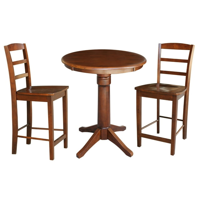 Round Pedestal Gathering Height Table with 2 Counter Height Stools Espresso 30" diameter table