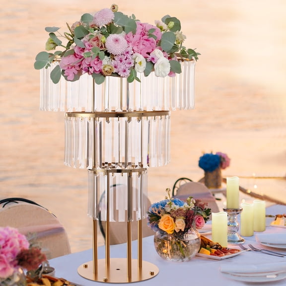 Round Pedestal Stand, 3 Tiers Iron and Acrylic Wedding Gold Crystal Flower Stand, Crystal Flower Stand Modern Gold