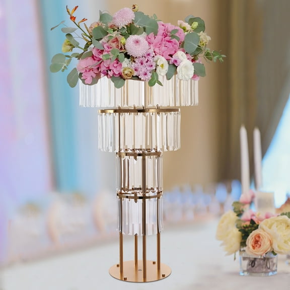 Round Pedestal Stand, Crystal Flower Stand Set 4 Tiers Hold Up To 17.64 lbs Modern Gold Wedding Gold Crystal Flower Stand