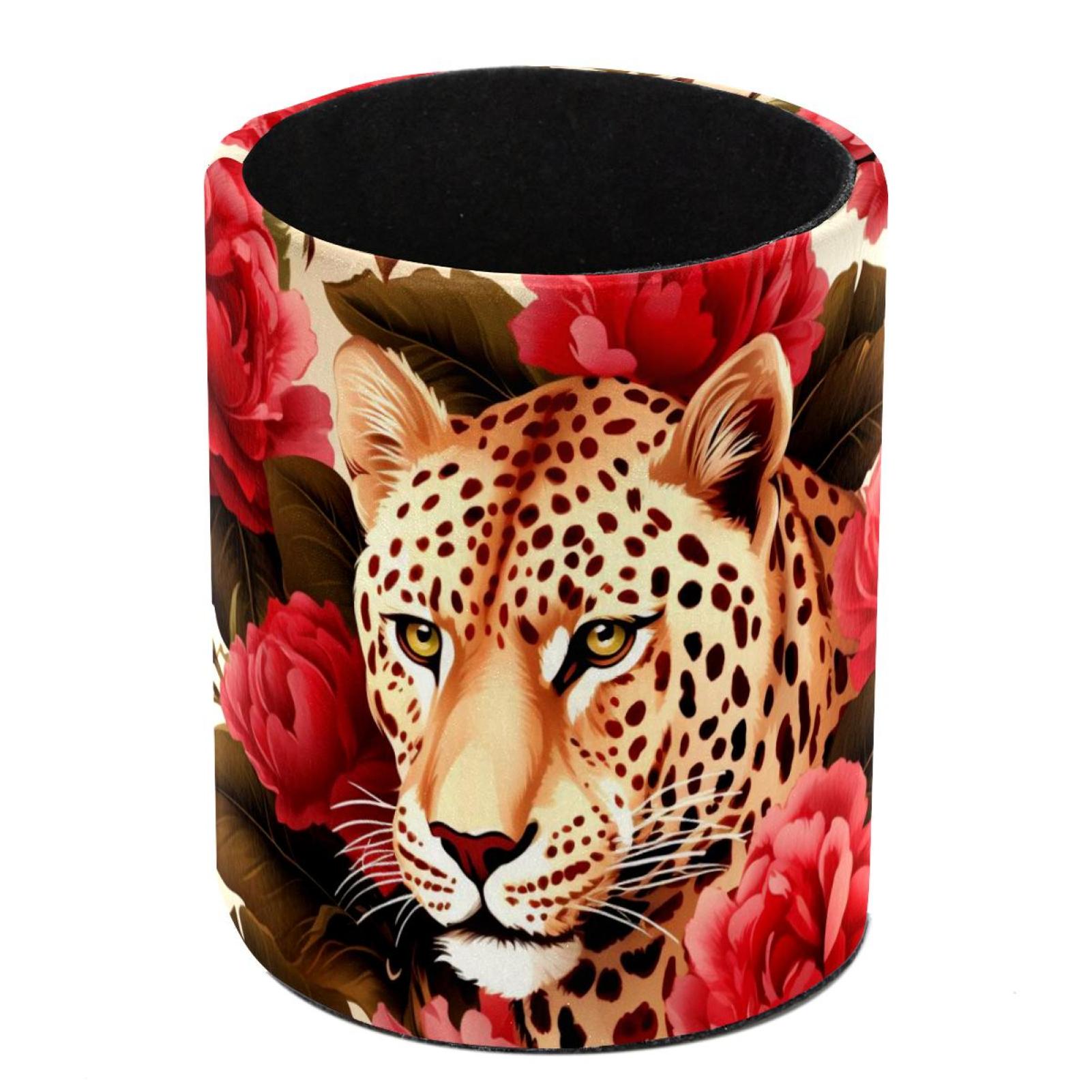 Round Pen Holders for Desk Rose and Leopard Pencil Cup Organizer for