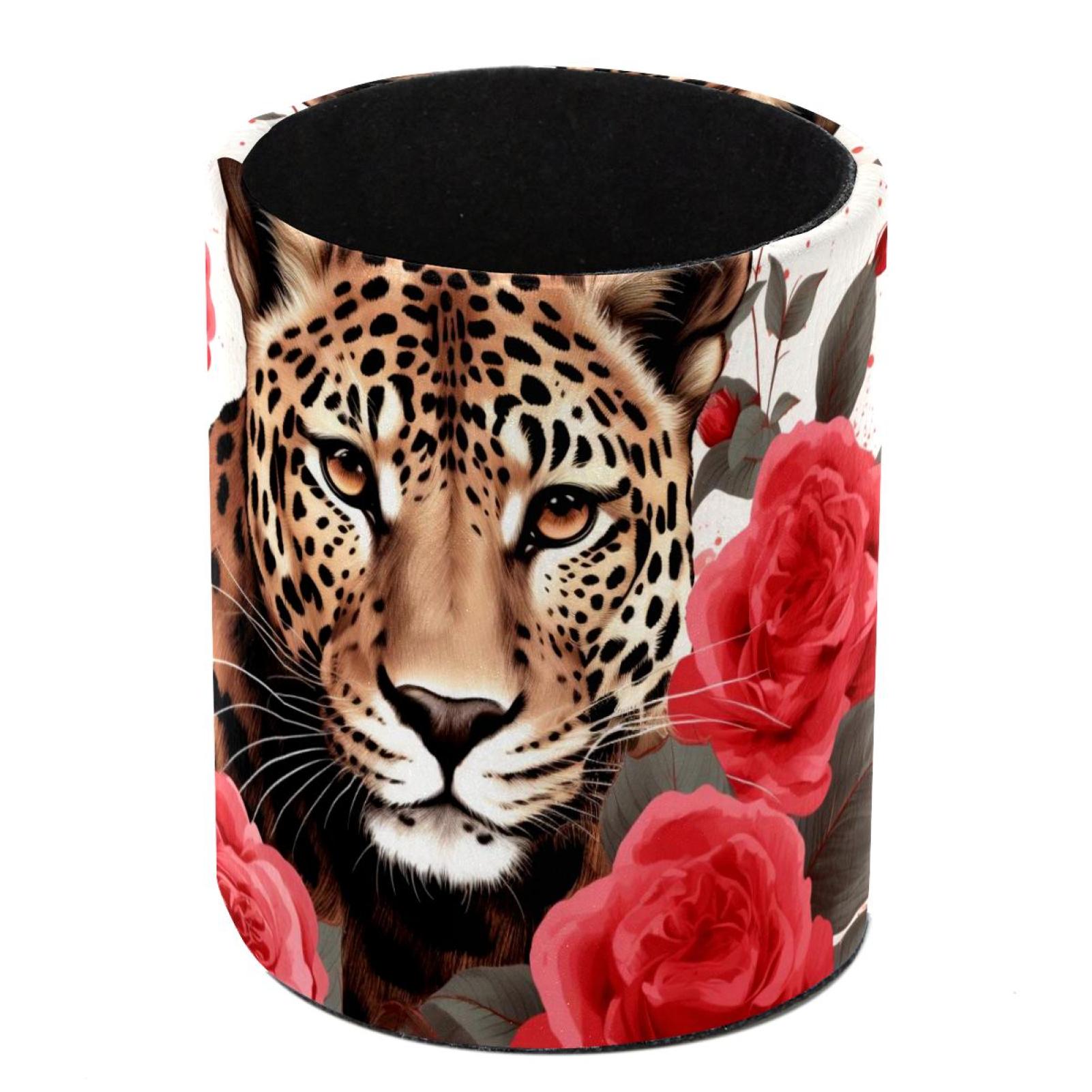 Round Pen Holders for Desk Rose and Leopard Pencil Cup Organizer for