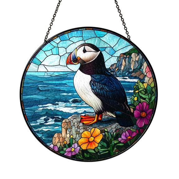Round Penguin Stained Glass Style Suncatcher – Decorative Window Panel