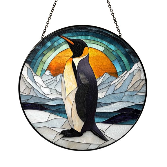 Round Penguin Stained Glass Style Suncatcher Window Hanging, Wildlife Decorative Glass Art Panel