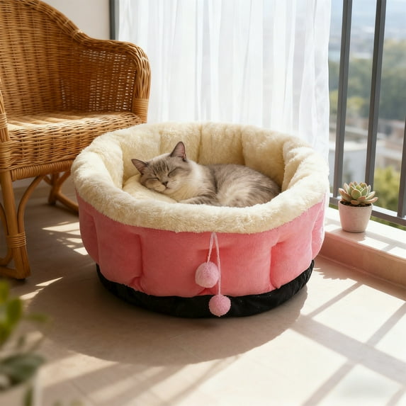 Round Pet Bed for Cats/Dogs: Soft Faux Fur, Curved Support Walls, Non-Slip Base, Detachable Washable Cushion (15.7x15.7in) – Multi-Color for Small-Medium Pets