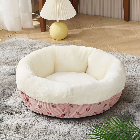 Round Pet Bed for Small Dogs and Cats, Thick Plush Fleece, Soft Washable Cat Dog Bed, 16 Inch Diameter, Grey Beige