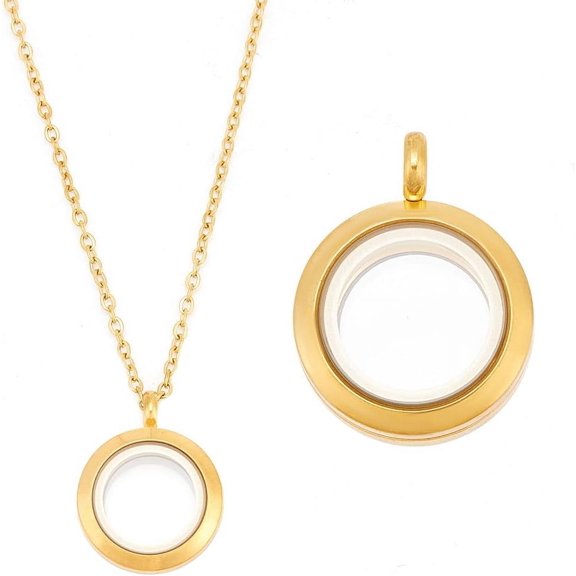 Round Photo Charms Necklace Stainless Steel Locket Pendants Double-Sided Frame Memory Locket Round Charm with 17.7inch Chain for Wedding Jewellery Making Photo Gold